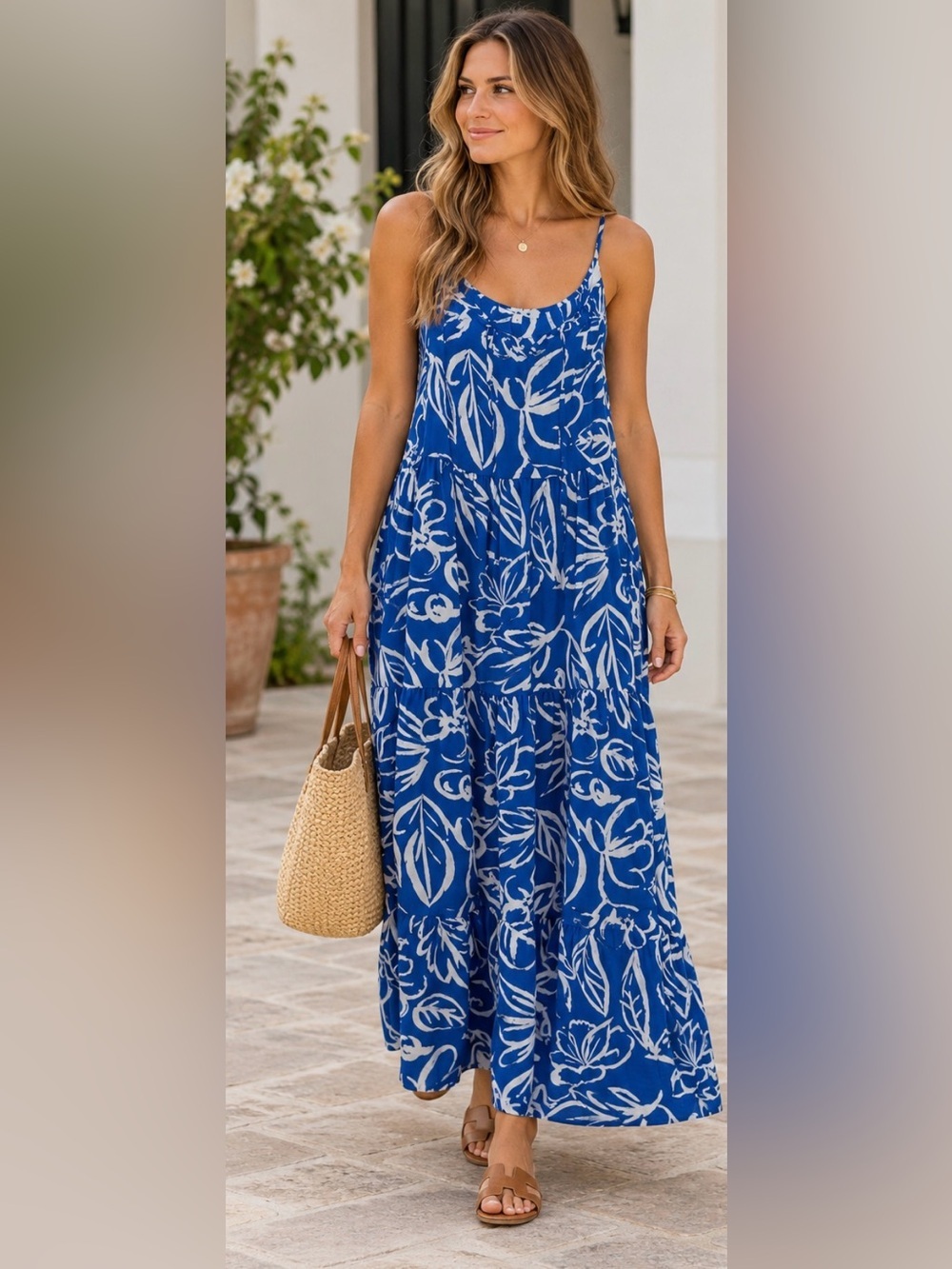 Skies Are Blue Silky Floral Maxi Dress Tropical Resort Medium Blue And White